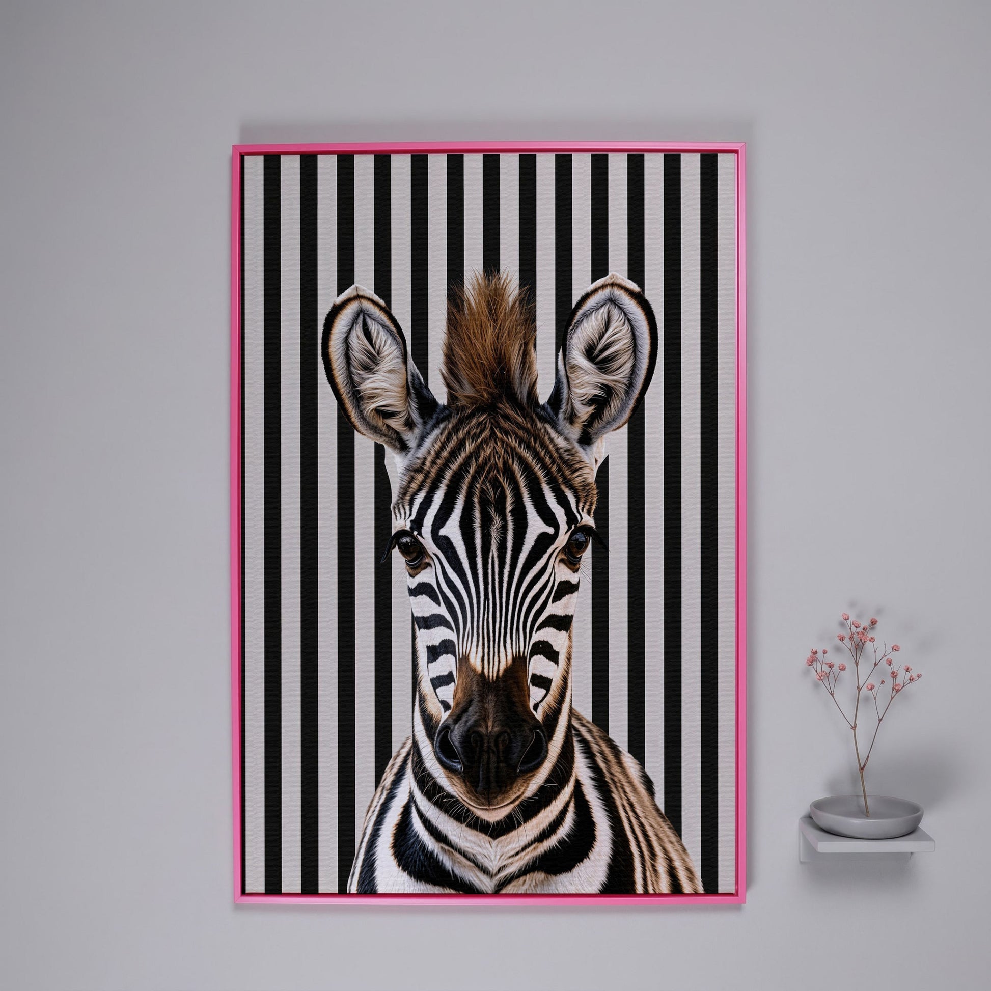 Zebra Portrait with Striped Background Canvas in pink floating frame
