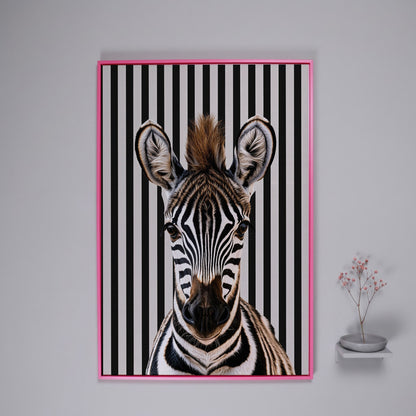 Zebra Portrait with Striped Background Canvas in pink floating frame