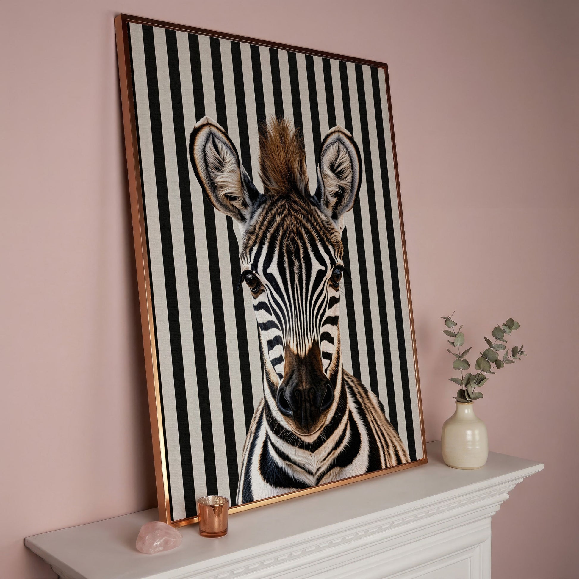 Zebra Portrait with Striped Background Canvas in rose gold floating frame