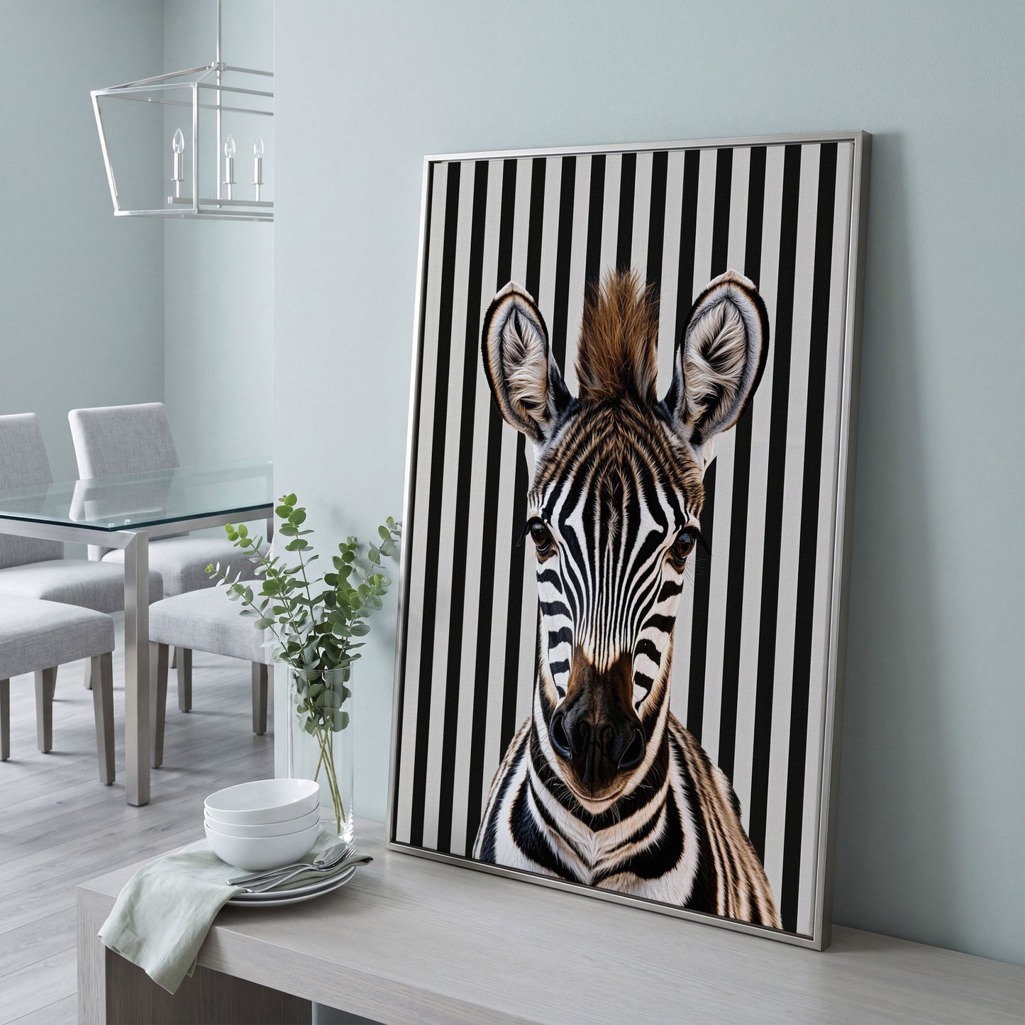 Zebra Portrait with Striped Background Canvas in silver floating frame