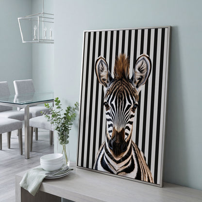 Zebra Portrait with Striped Background Canvas in silver floating frame
