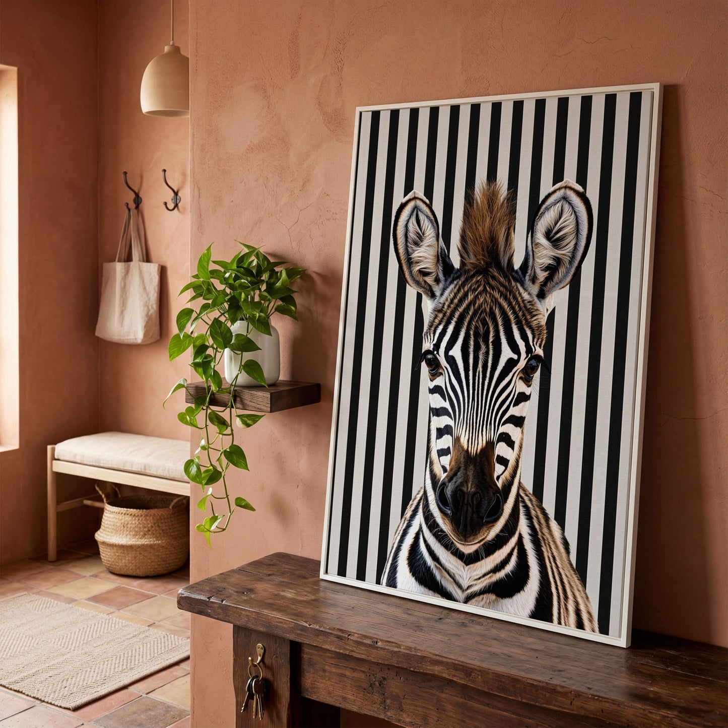 Zebra Portrait with Striped Background Canvas in white floating frame