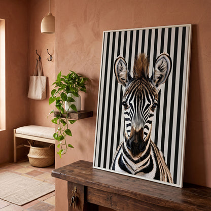 Zebra Portrait with Striped Background Canvas in white floating frame