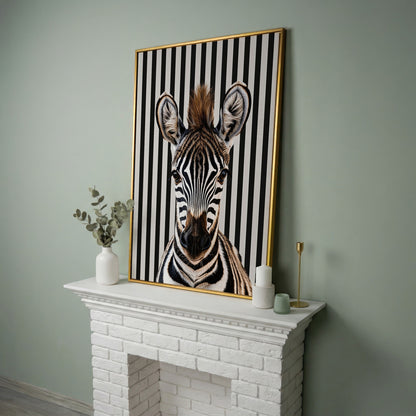 Zebra Portrait with Striped Background Canvas in yellow gold floating frame