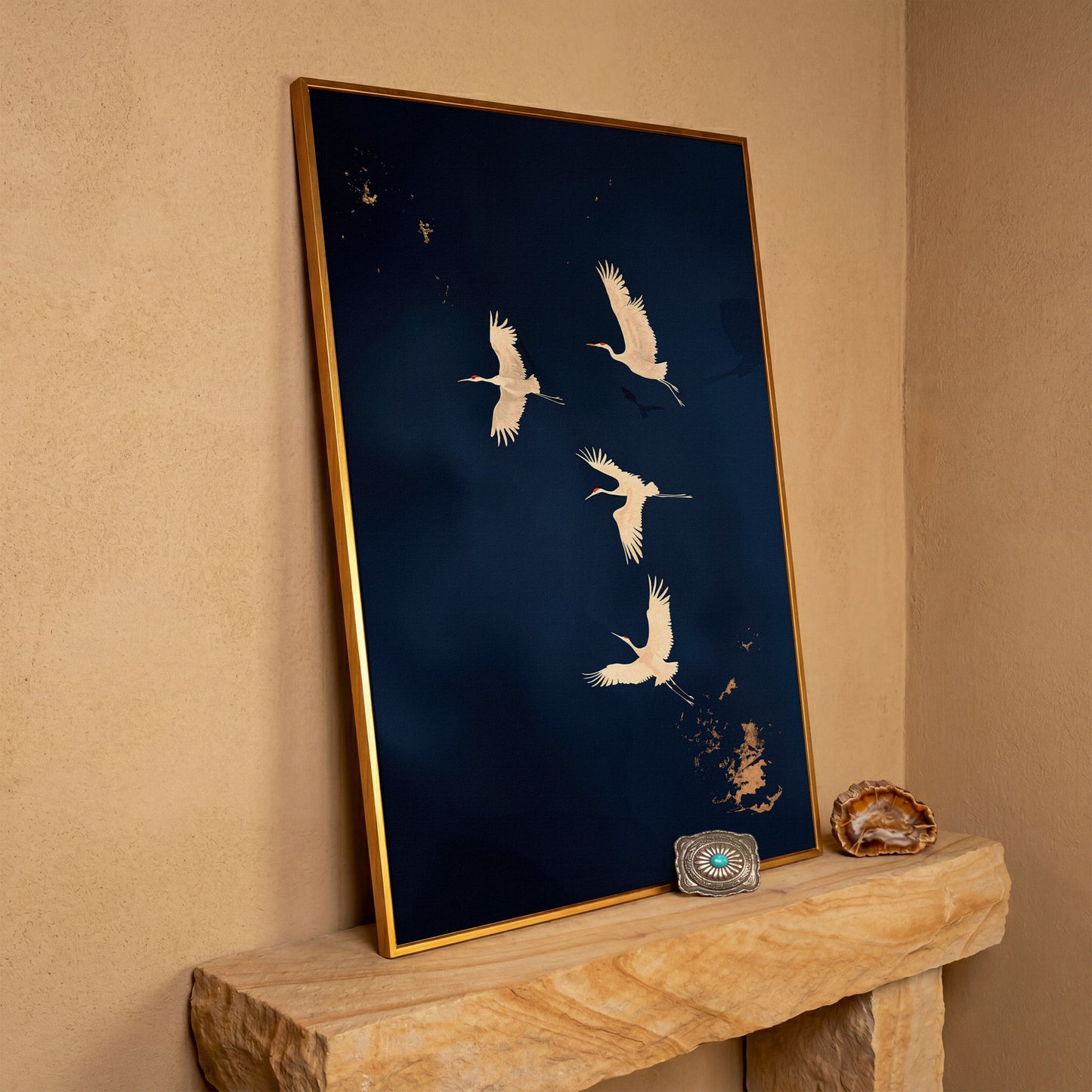 Gold Cranes on Navy Canvas in antique gold floating frame
