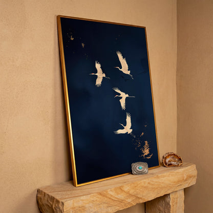 Gold Cranes on Navy Canvas in antique gold floating frame