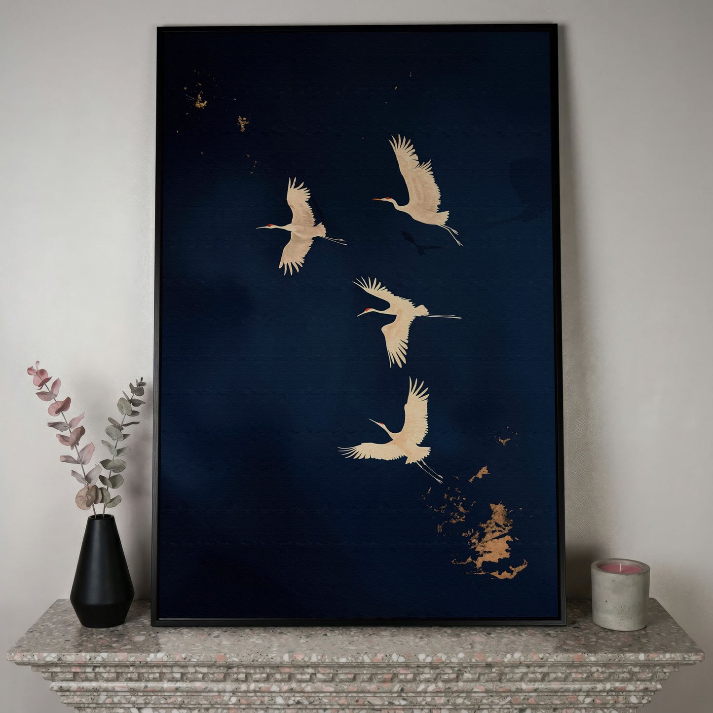 Gold Cranes on Navy Canvas in black floating frame