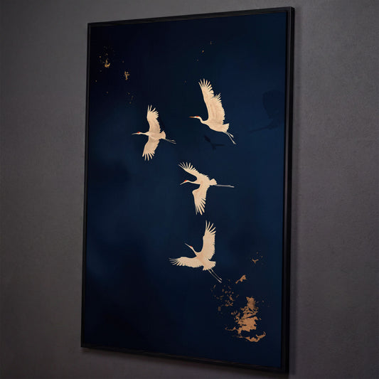 Gold Cranes on Navy Canvas shown in black floating frame