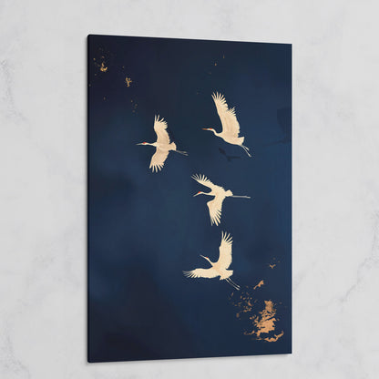 Gold Cranes on Navy Canvas on gallery wrap