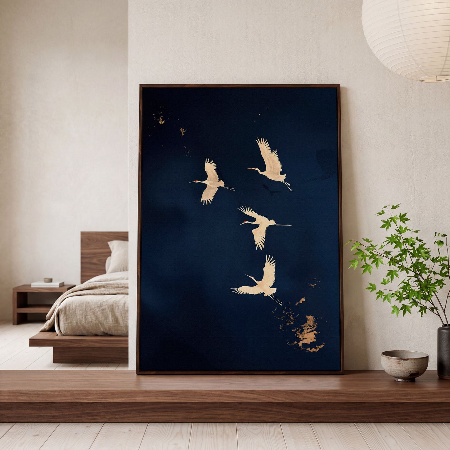 Gold Cranes on Navy Canvas in dark walnut floating frame