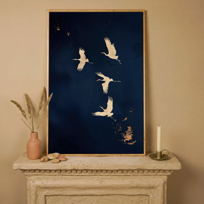 Gold Cranes on Navy Canvas in white oak floating frame