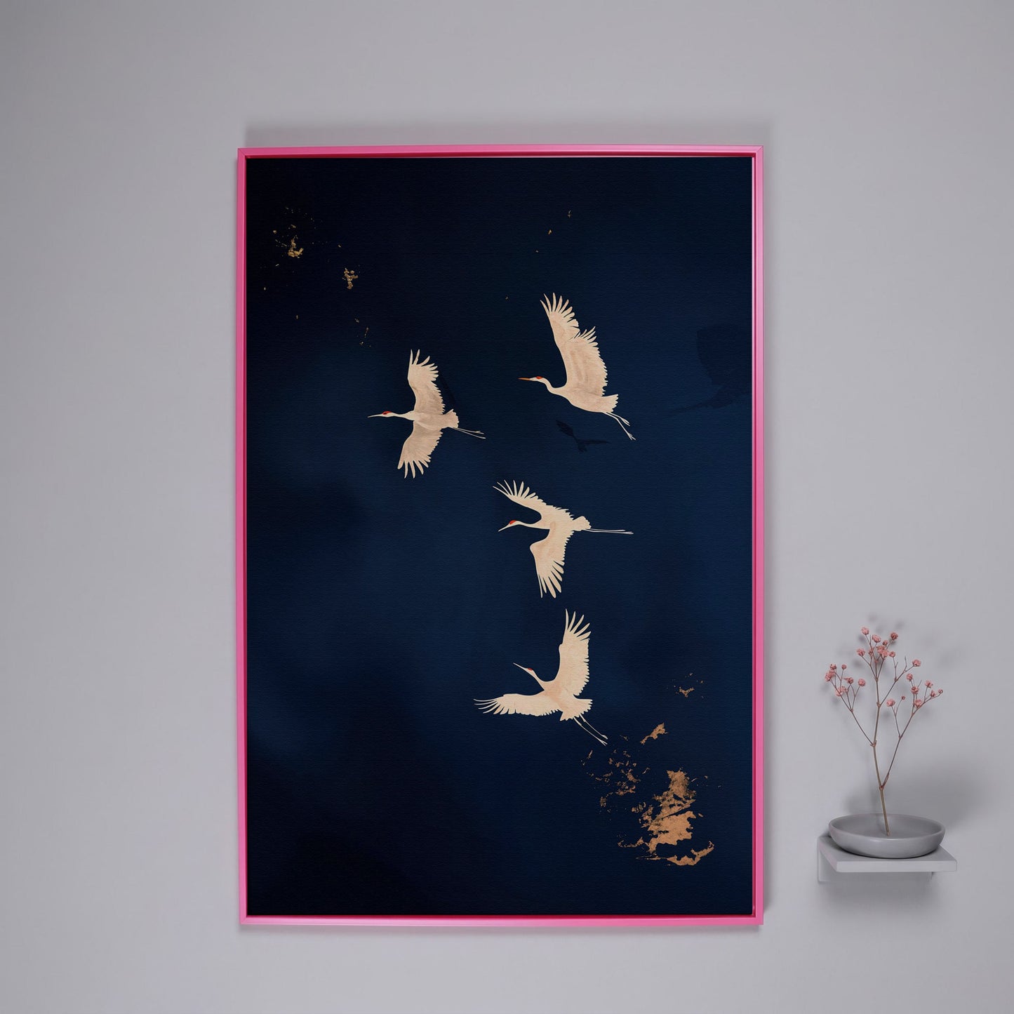 Gold Cranes on Navy Canvas in pink floating frame