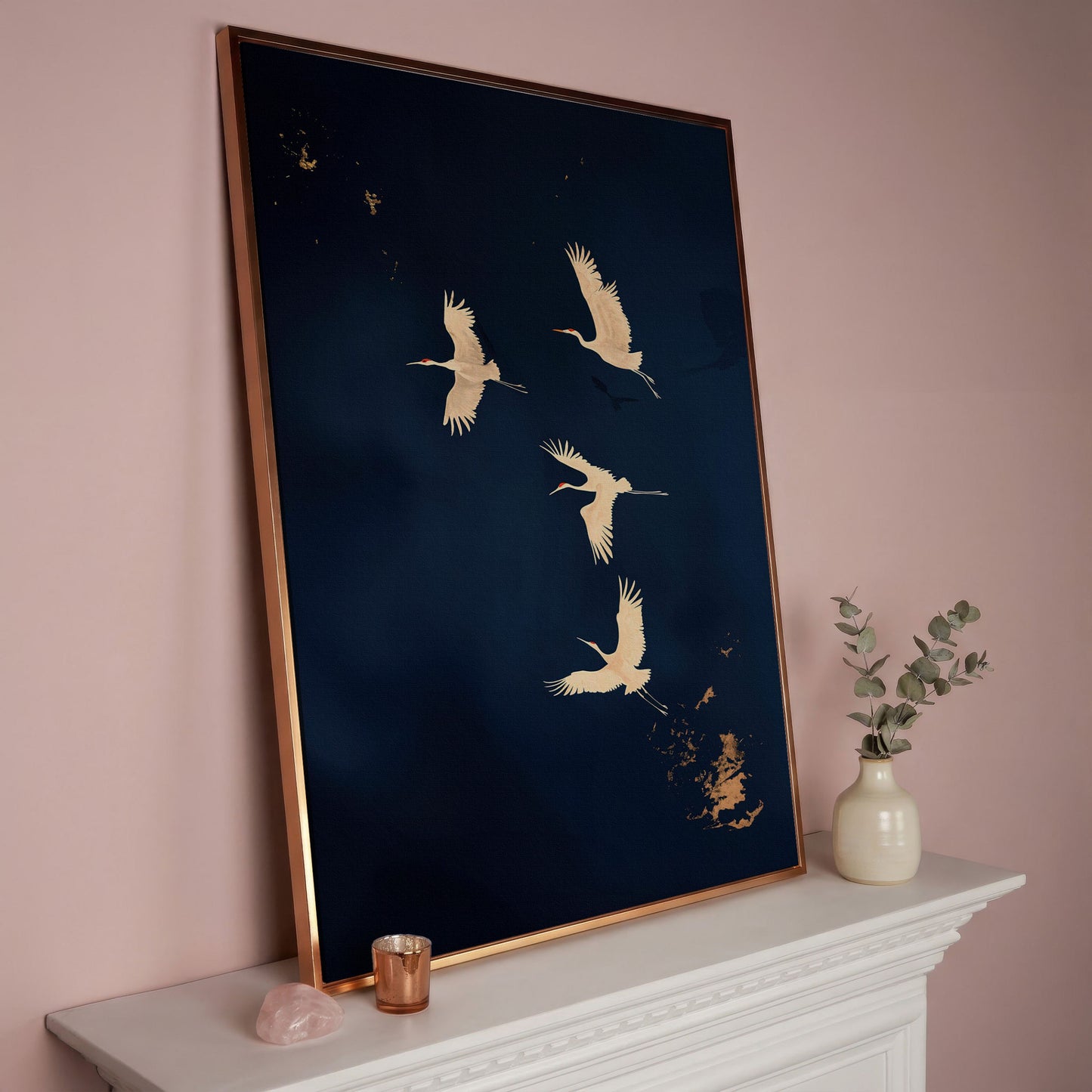 Gold Cranes on Navy Canvas in rose gold floating frame