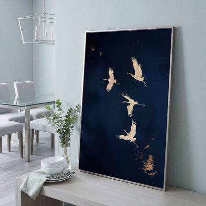 Gold Cranes on Navy Canvas in silver floating frame