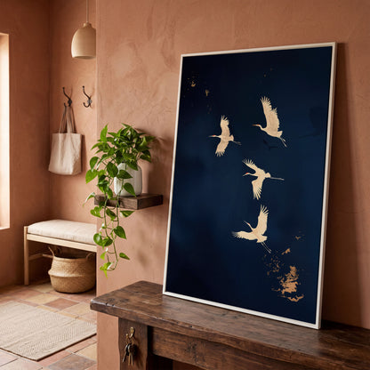 Gold Cranes on Navy Canvas in white floating frame