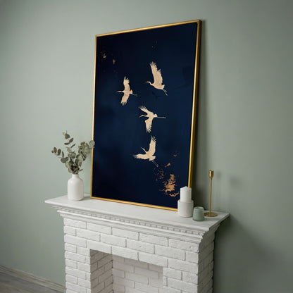 Gold Cranes on Navy Canvas in yellow gold floating frame