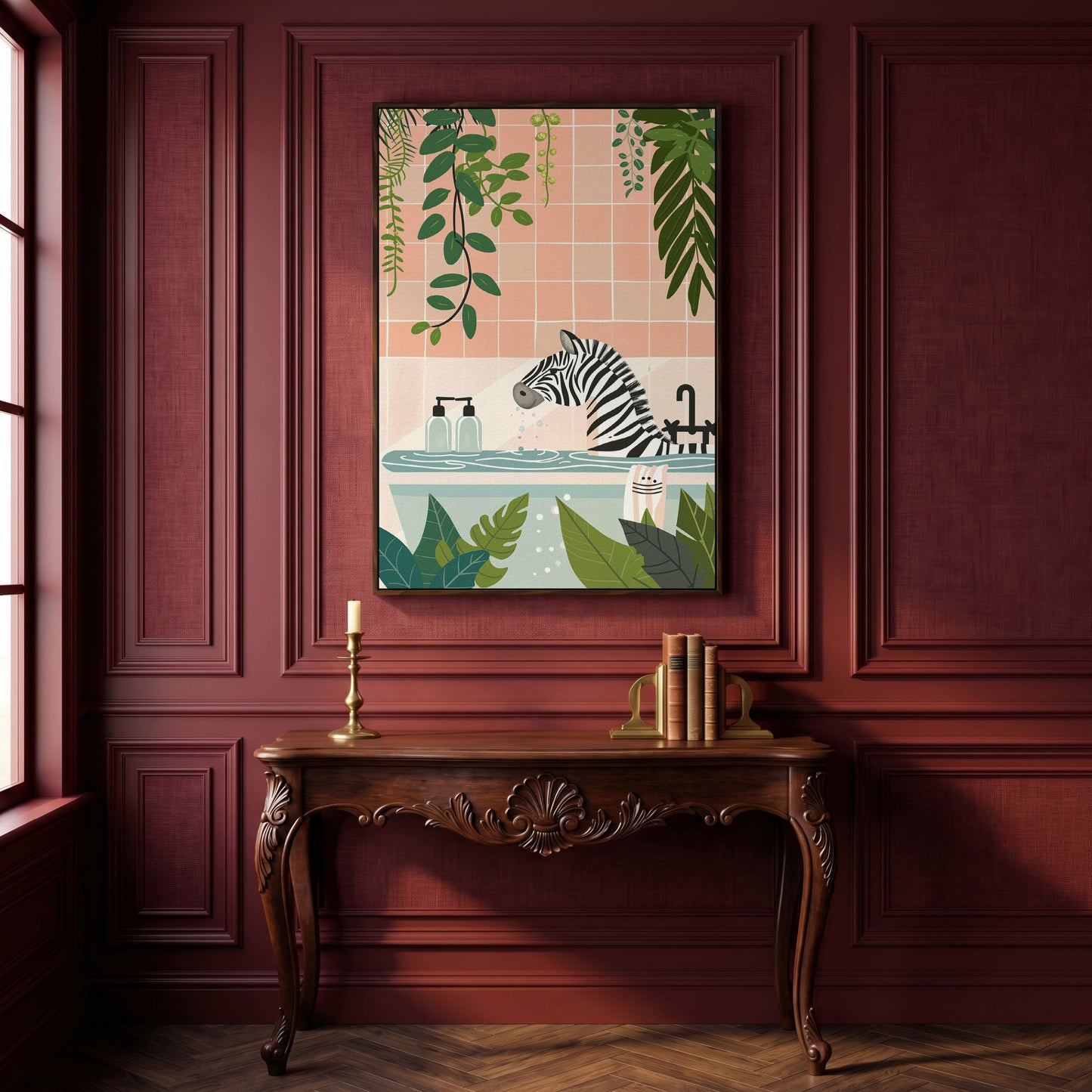 Zebra Bath Time Canvas Print with Tropical Foliage and Cat Sponge in dark walnut floating frame