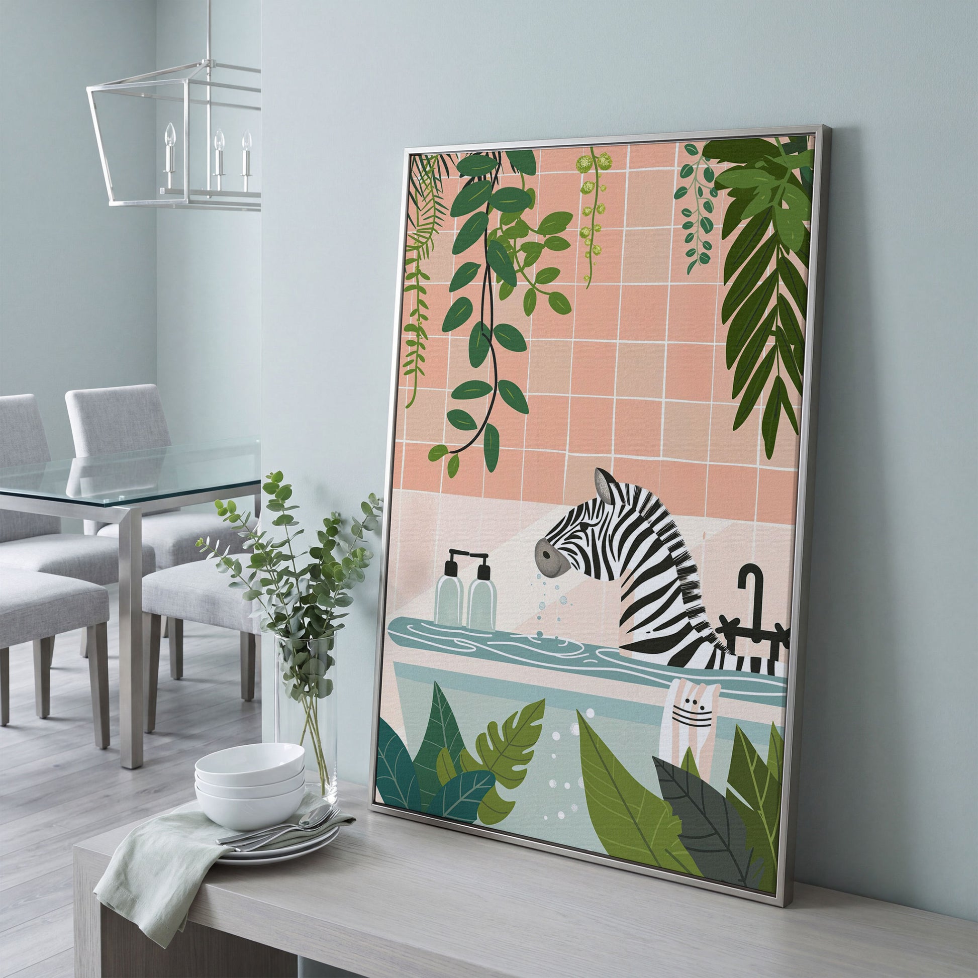Zebra Bath Time Canvas Print with Tropical Foliage and Cat Sponge in silver floating frame