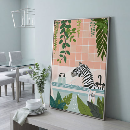Zebra Bath Time Canvas Print with Tropical Foliage and Cat Sponge in silver floating frame