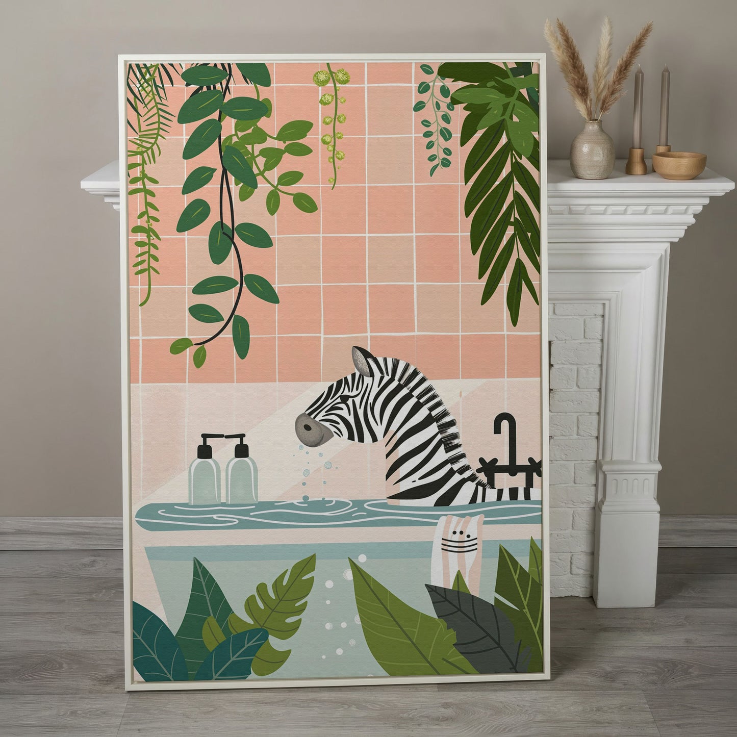 Zebra Bath Time Canvas Print with Tropical Foliage and Cat Sponge in white floating frame
