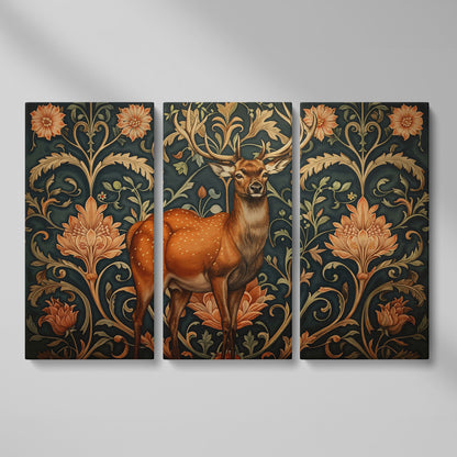 Deer with Teal Florals Canvas as 3-panel split version