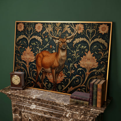 Deer with Teal Florals Canvas in antique gold floating frame