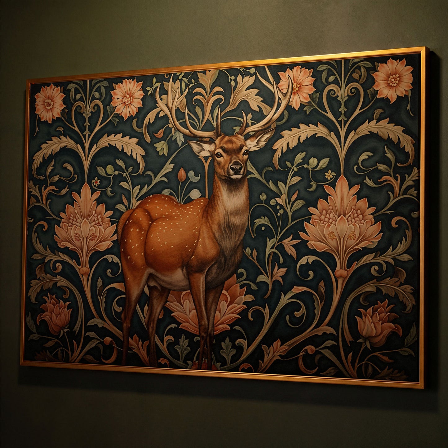 Deer with Teal Florals Canvas shown in antique gold floating frame