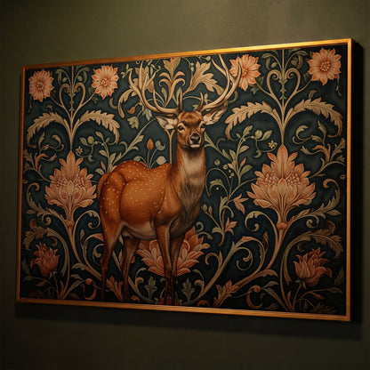 Deer with Teal Florals Canvas shown in antique gold floating frame