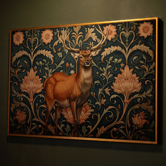 Deer with Teal Florals Canvas shown in antique gold floating frame