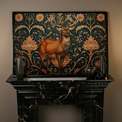 Deer with Teal Florals Canvas in black floating frame