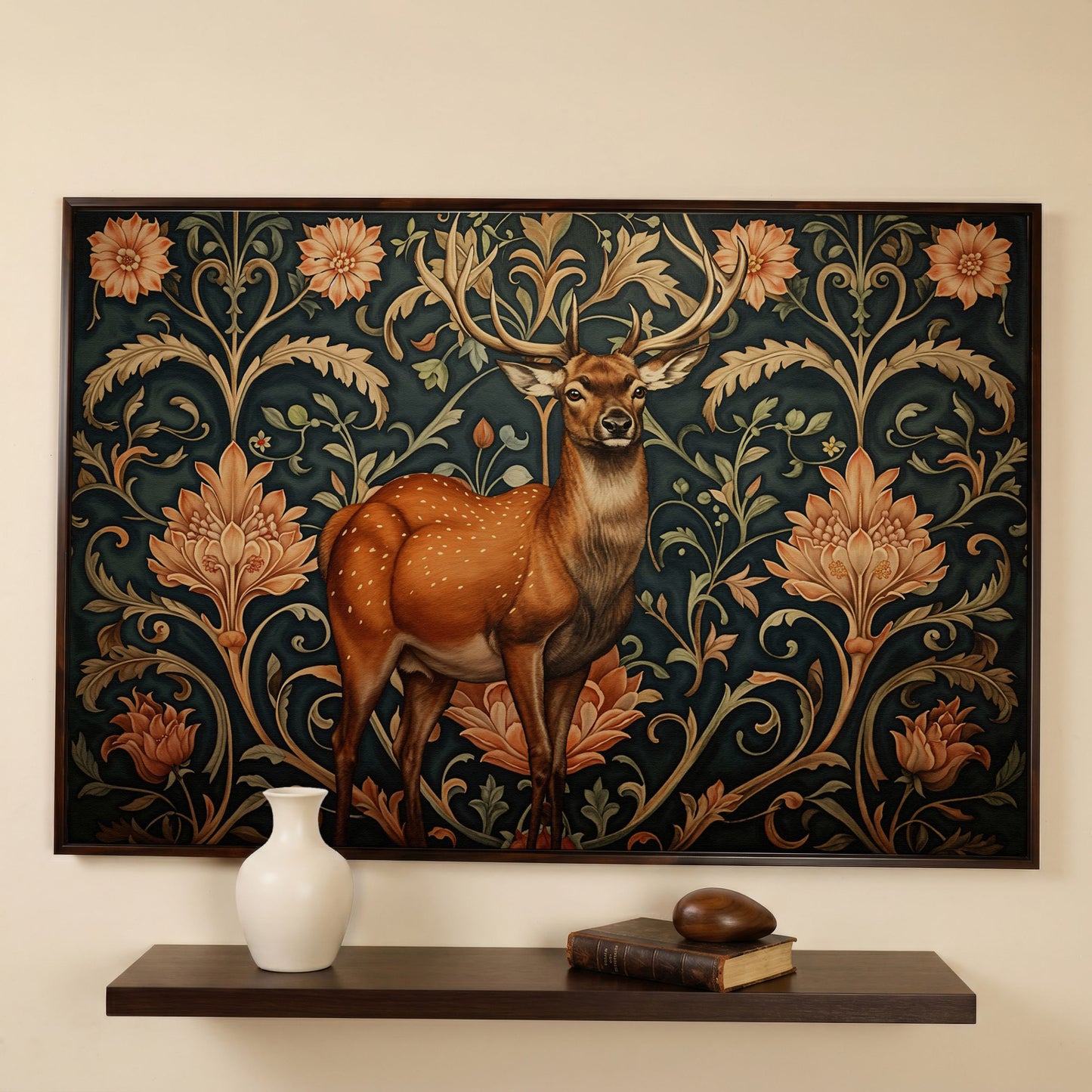 Deer with Teal Florals Canvas in dark walnut floating frame