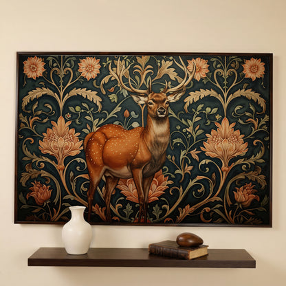 Deer with Teal Florals Canvas in dark walnut floating frame