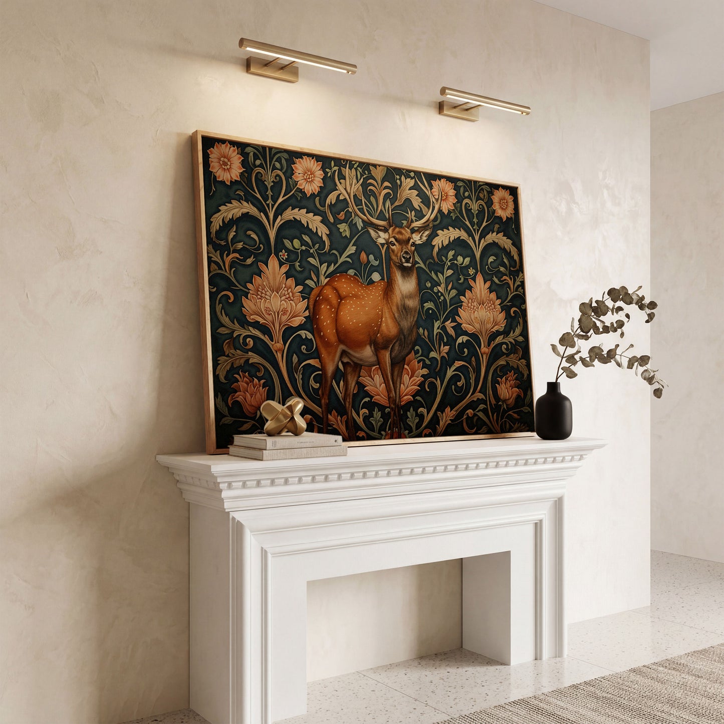 Deer with Teal Florals Canvas in white oak floating frame