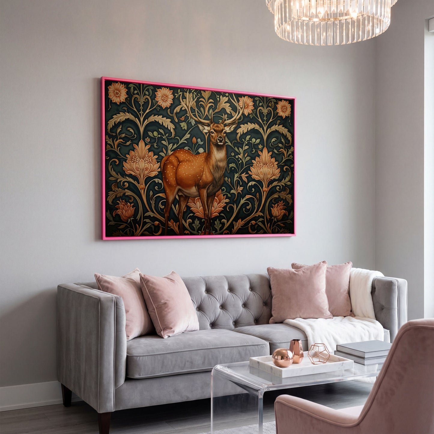 Deer with Teal Florals Canvas in pink floating frame