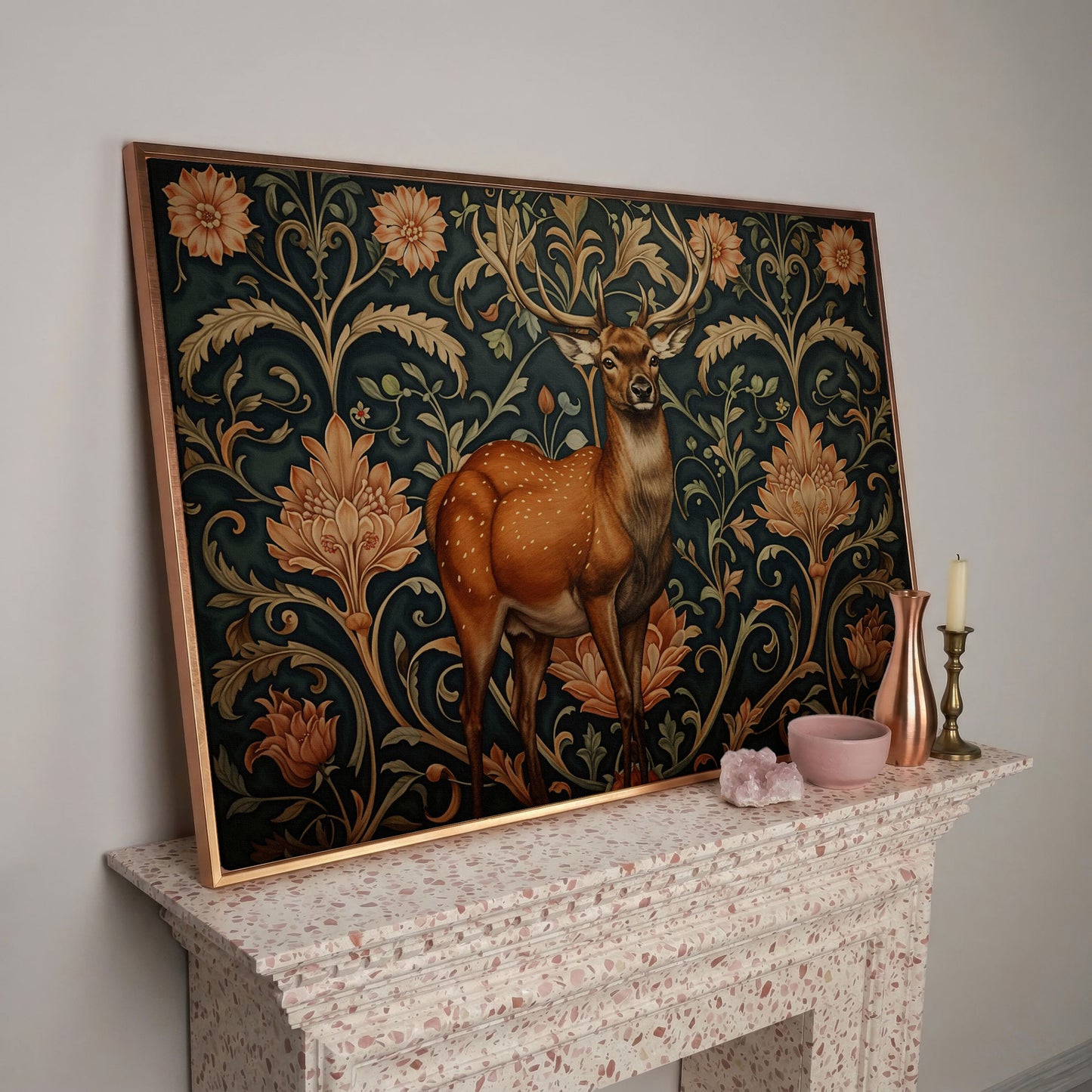 Deer with Teal Florals Canvas in rose gold floating frame