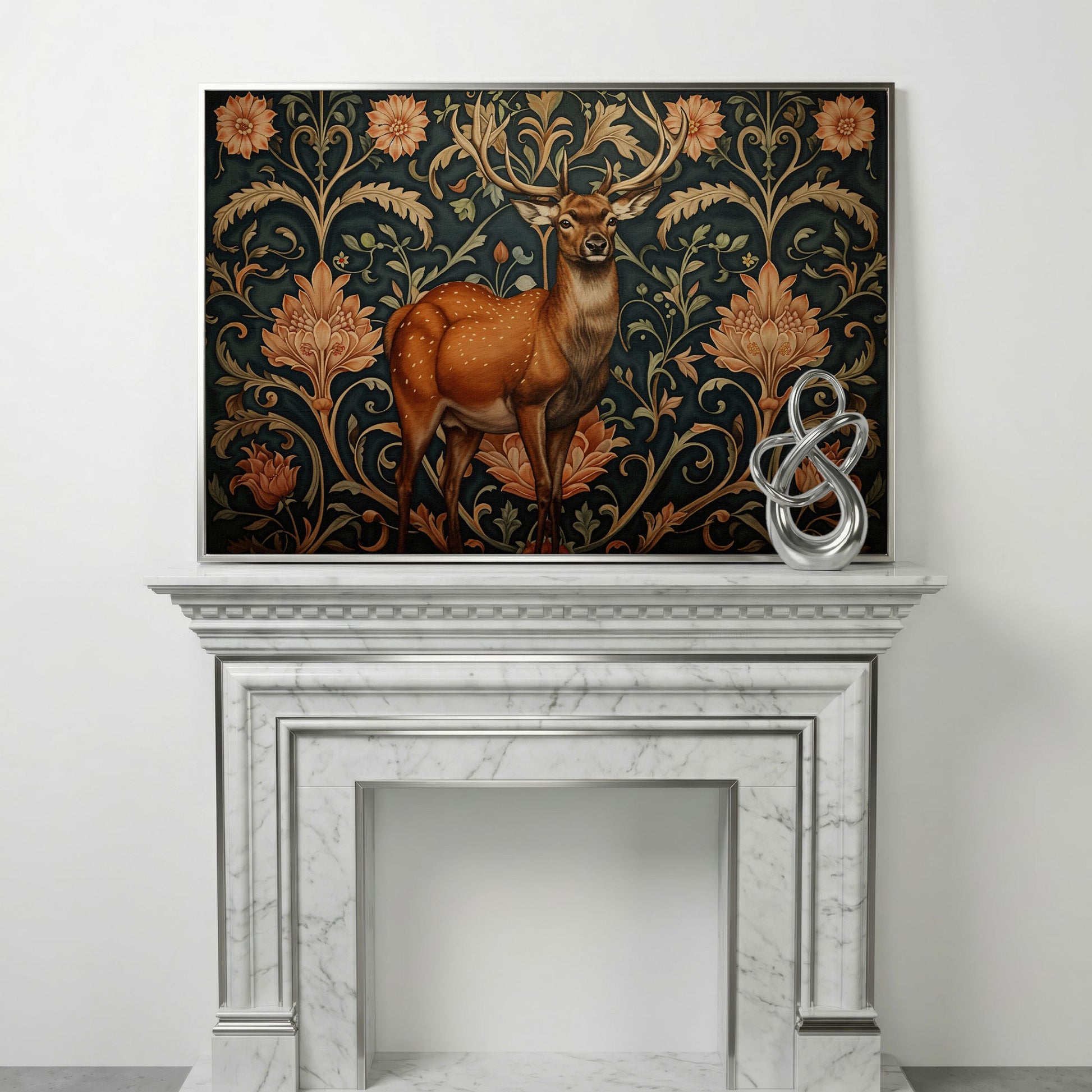 Deer with Teal Florals Canvas in silver floating frame