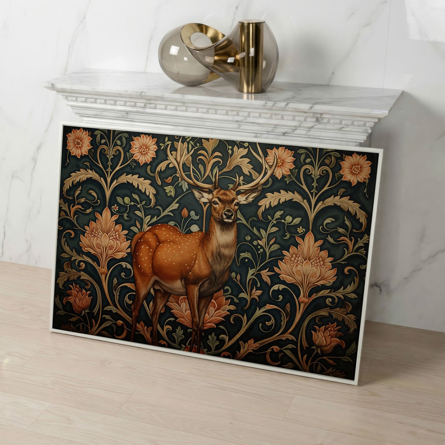 Deer with Teal Florals Canvas in white floating frame