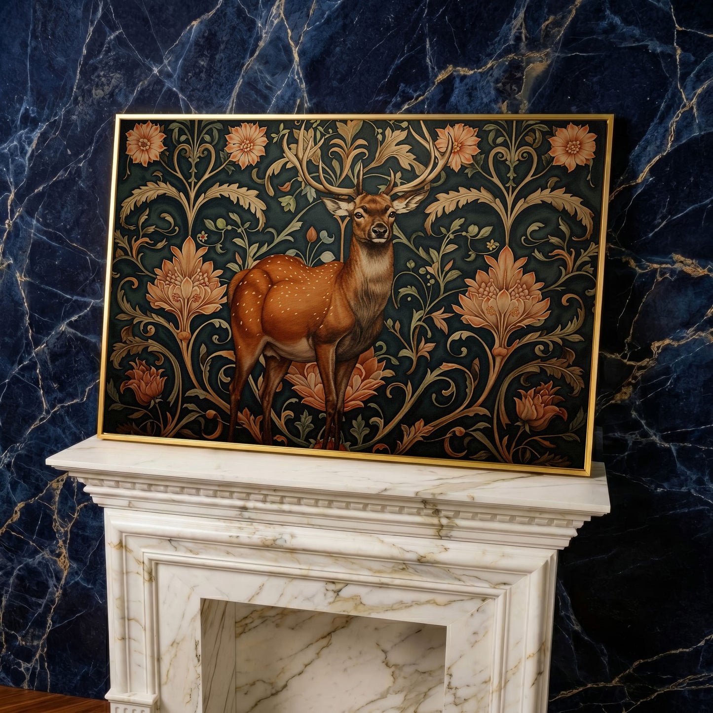 Deer with Teal Florals Canvas in yellow gold floating frame