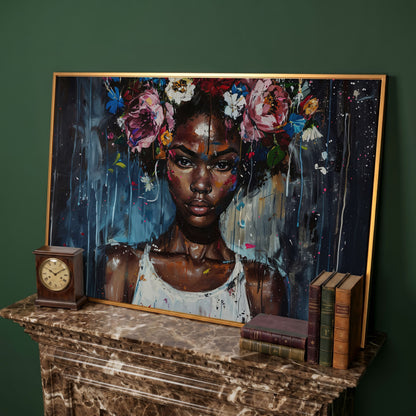 Afro Beauty with Floral Crown Canvas in antique gold floating frame