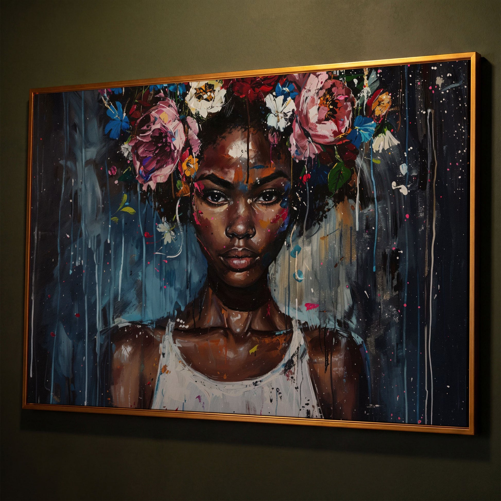 Afro Beauty with Floral Crown Canvas shown in antique gold floating frame