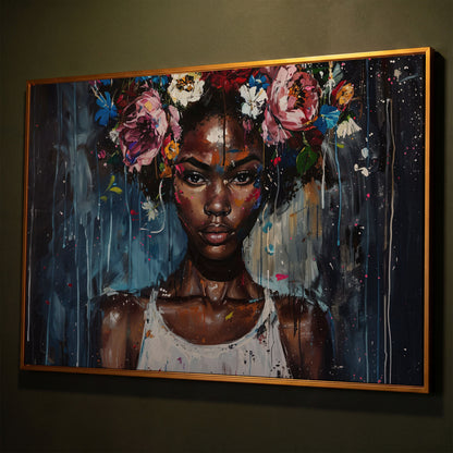 Afro Beauty with Floral Crown Canvas shown in antique gold floating frame