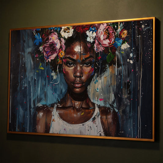 Afro Beauty with Floral Crown Canvas shown in antique gold floating frame