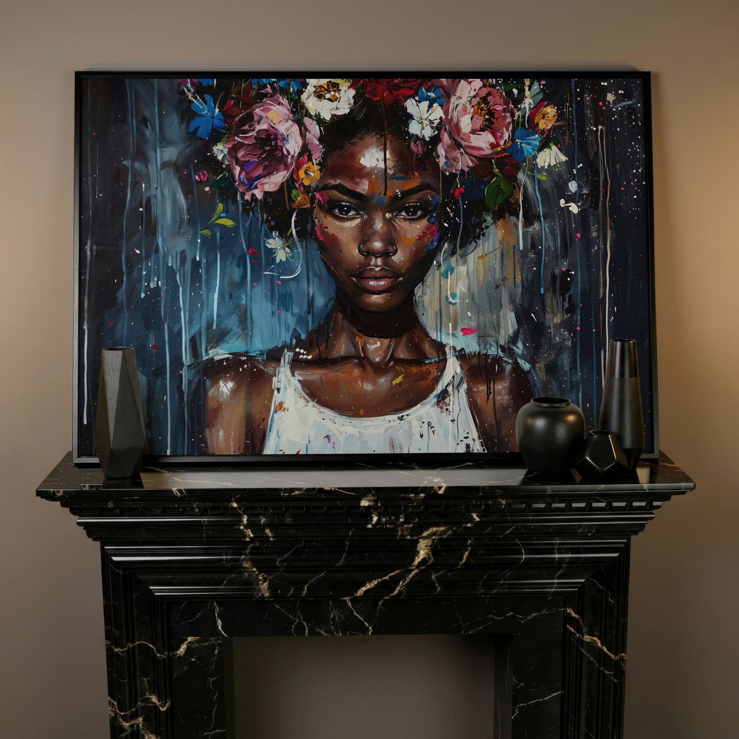Afro Beauty with Floral Crown Canvas in black floating frame