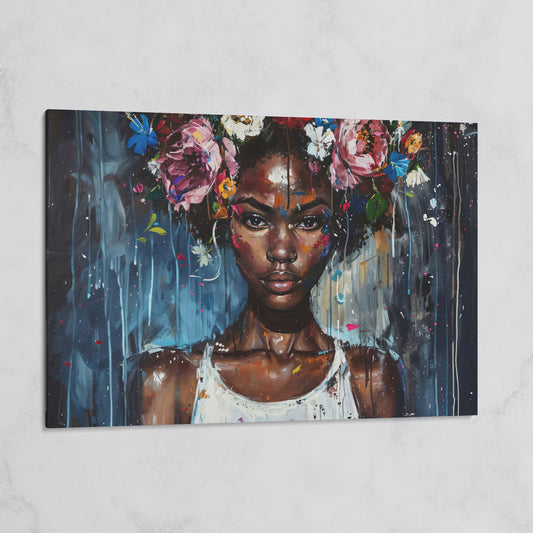 Afro Beauty with Floral Crown Canvas on gallery wrap