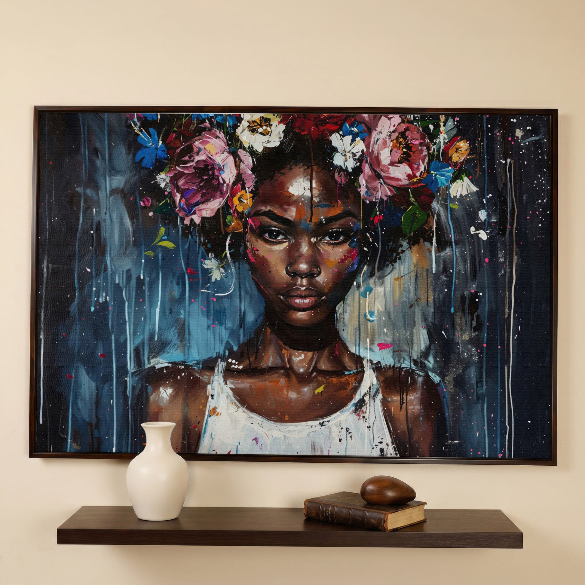 Afro Beauty with Floral Crown Canvas in dark walnut floating frame