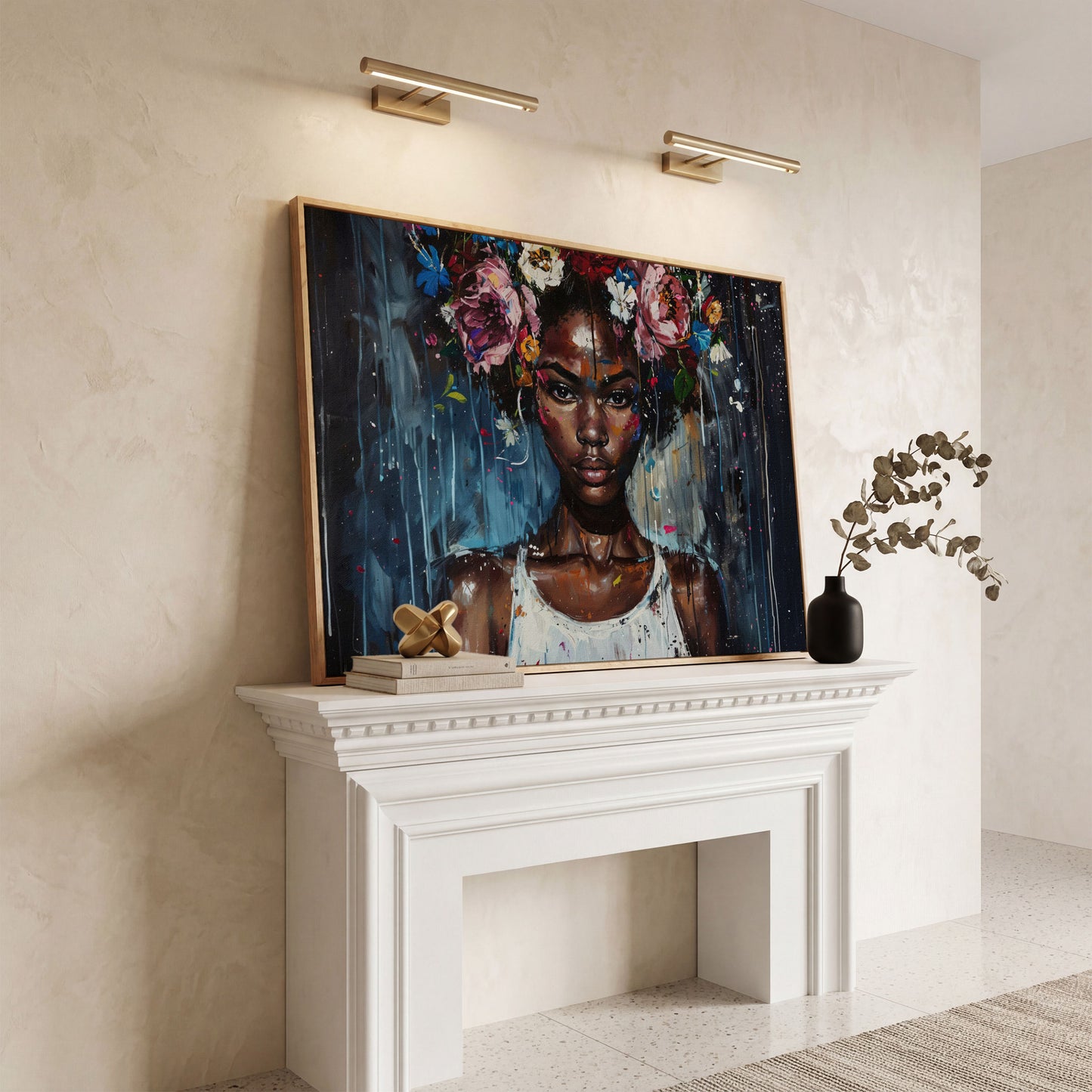 Afro Beauty with Floral Crown Canvas in white oak floating frame