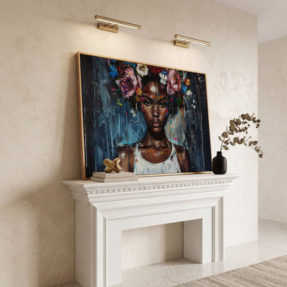 Afro Beauty with Floral Crown Canvas in white oak floating frame