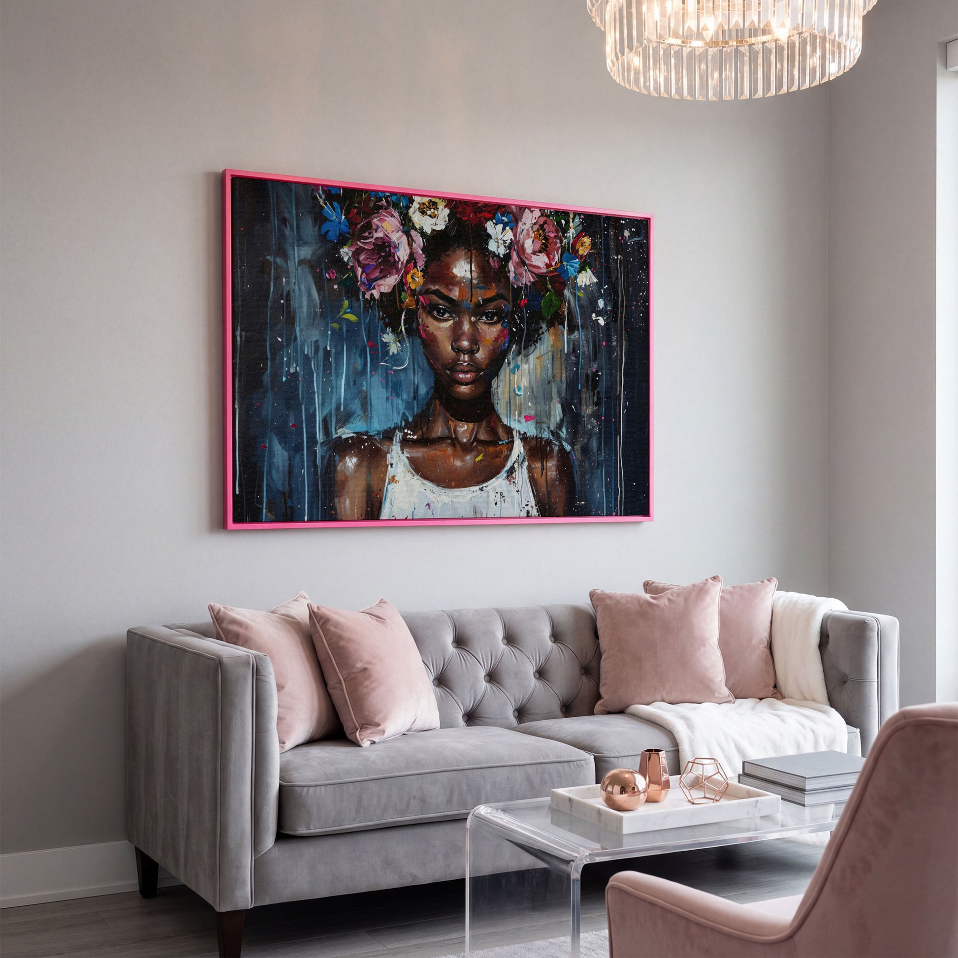 Afro Beauty with Floral Crown Canvas in pink floating frame