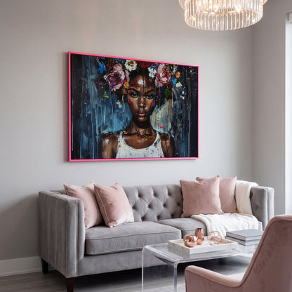 Afro Beauty with Floral Crown Canvas in pink floating frame