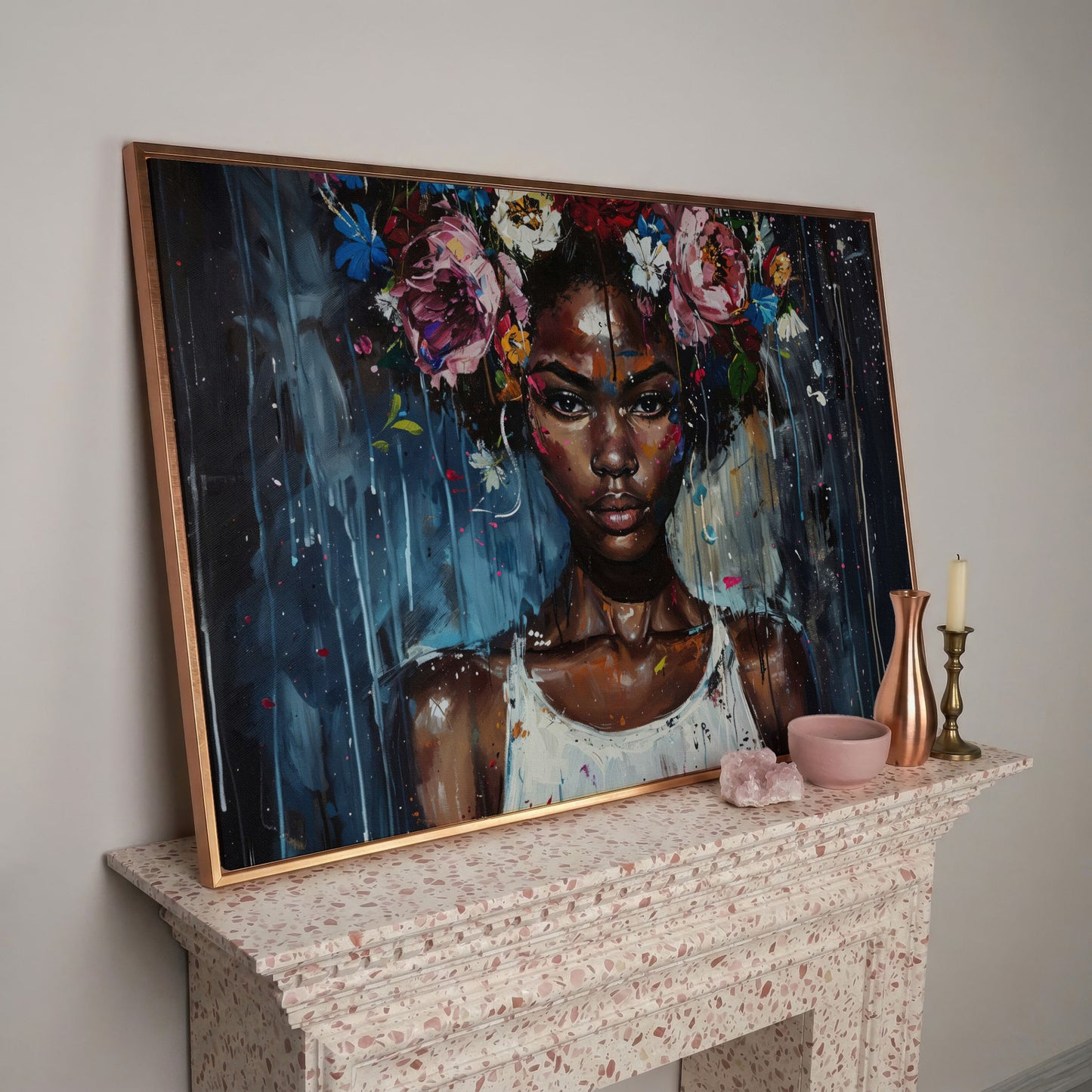 Afro Beauty with Floral Crown Canvas in rose gold floating frame